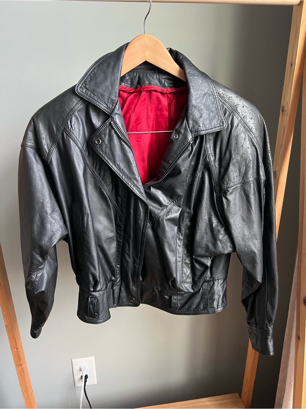 Vintage Black Leather Women's Jacket with Red Lining